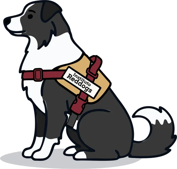 Cão ilustrado em grafite, sentado, de colete