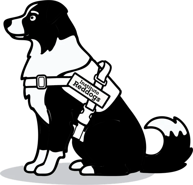 Cão ilustrado em preto e branco, sentado, de colete