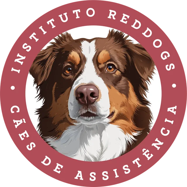 Selo do Instituto Reddogs: retrato de um cão de assistência dentro de um anel vinho com os dizeres Instituto Reddogs, cães de assistência